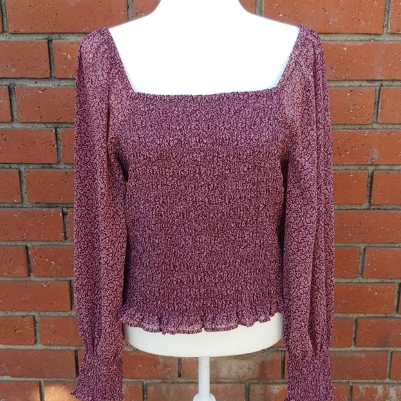 Madewell Smocked Women's Peasant Chiffon Top in Burgundy size Large - Picture 4 of 14